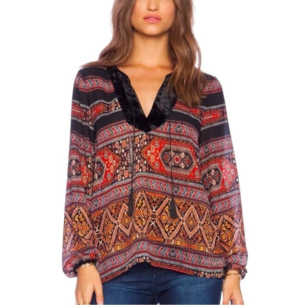 Velvet trimmed boho patterned top